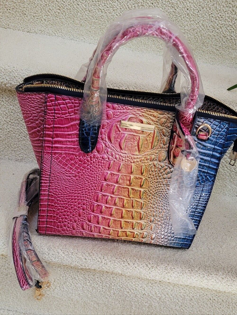 Gradient Croc-Embossed Tote Bag in Pink Blue